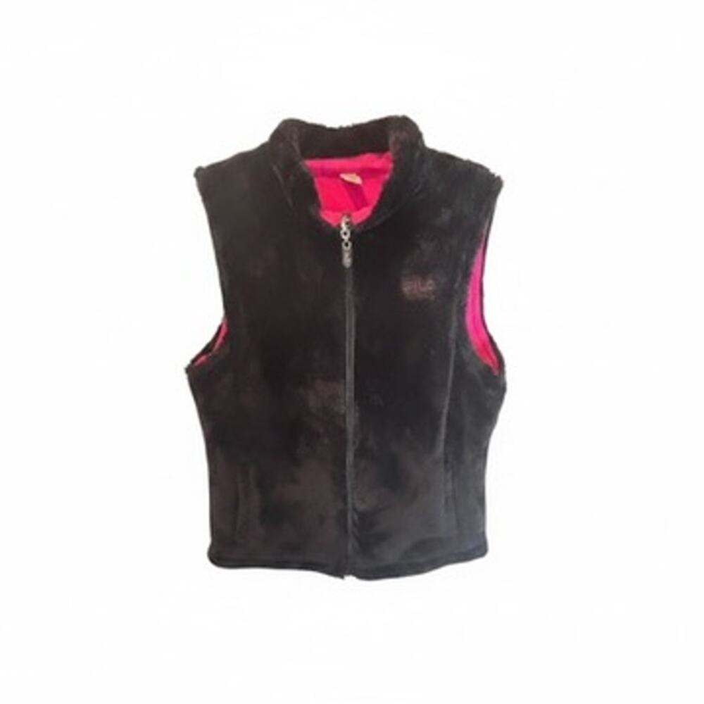 FILA Women's Reversible Faux Fur & Quilted Vest Black Pink Sport Size M